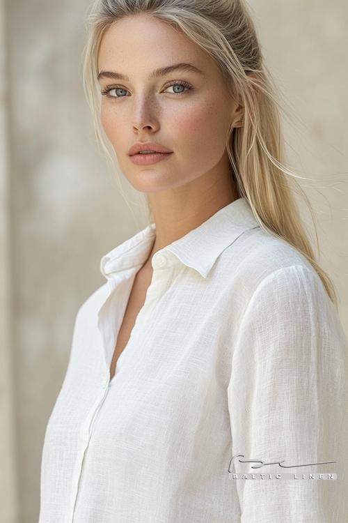 Platinum blonde beauty in oversized linen shirt close-up portrait